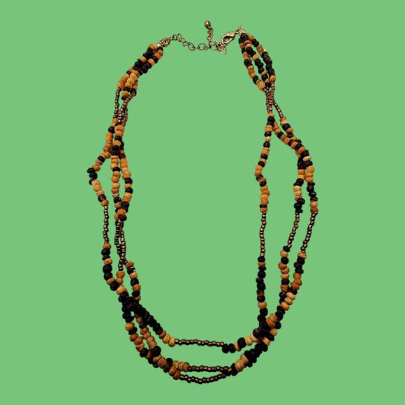 Vintage 80s Brown Wood Beaded Multi Layer Necklace 16" - 19" Bronze Seed Bead - Picture 1 of 8